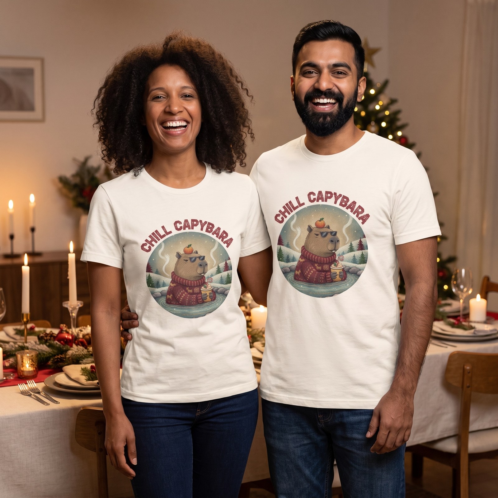 Styling photo, Chill Capybara Matching Christmas Shirts for Couples