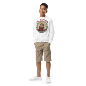 Chill Capybara Kids Ugly Christmas Sweater | Youth Crewneck Sweatshirt White on-model boy