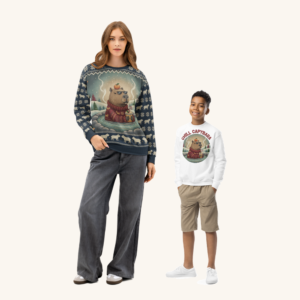 Chill Capybara matching parent and child Christmas set, adult and child versions side by side