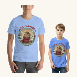Chill Capybara matching parent and child Christmas set, adult and child versions side by side