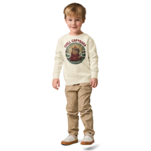 Chill Capybara Toddler Ugly Christmas Sweater | Kids Crewneck Sweatshirt, Ages 2 to 7 Natural Heather on-model boy