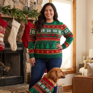Plus size styling photo, Christmas Sampler Matching Christmas Sweaters for Dog and Owner