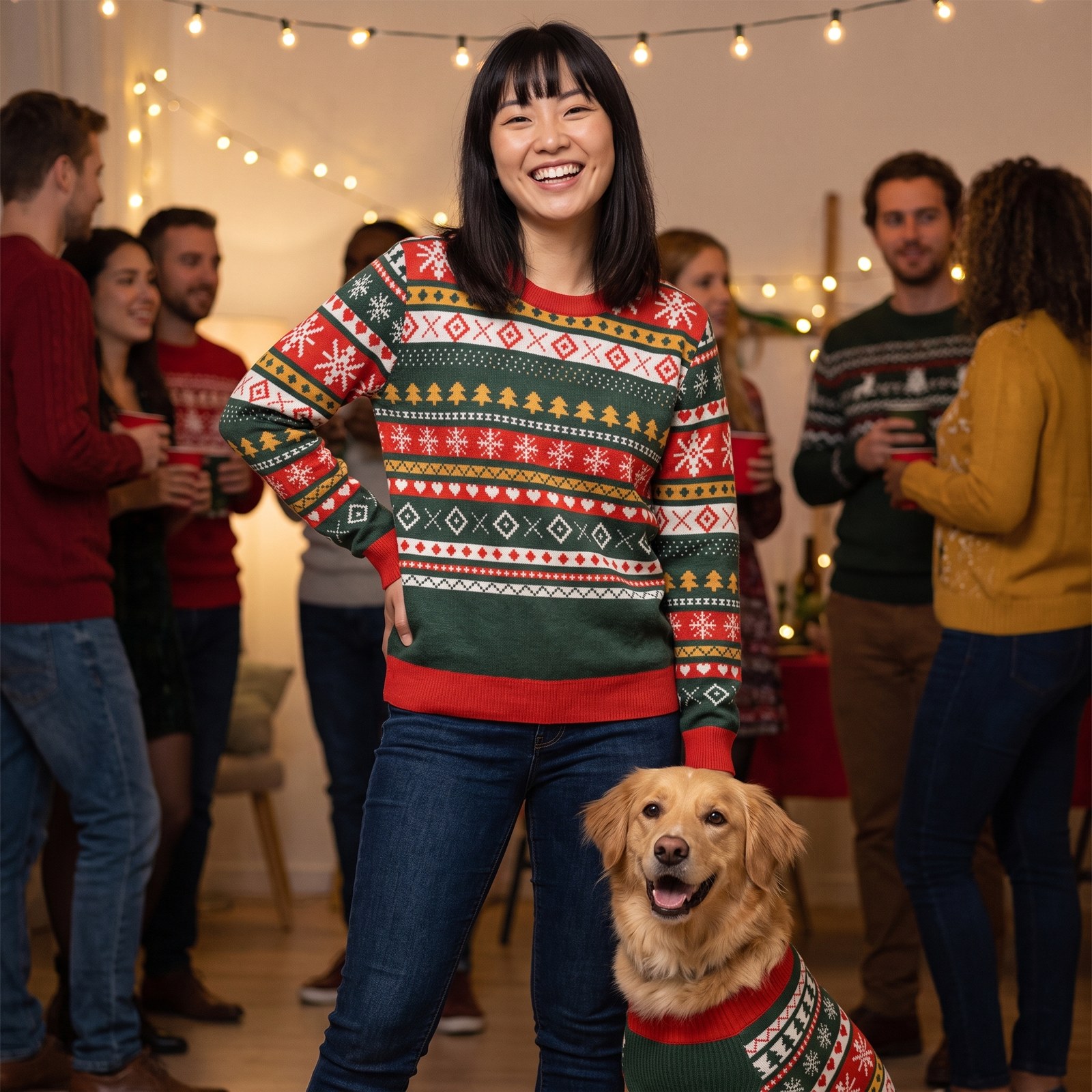 Styling photo, Christmas Sampler Matching Christmas Sweaters for Dog and Owner