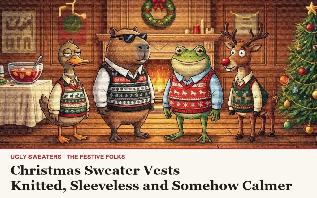The Festive Folks cast, the Sitting Duck, the capybara, the frog and the reindeer, in knitted Christmas sweater vests at an office holiday party