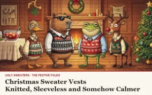 The Festive Folks cast, the Sitting Duck, the capybara, the frog and the reindeer, in knitted Christmas sweater vests at an office holiday party