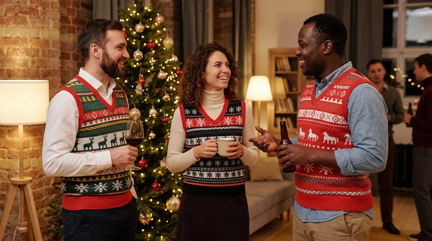 Three friends at a holiday party wearing knitted Christmas sweater vests in reindeer, Selbu star and Dala horse patterns over shirts