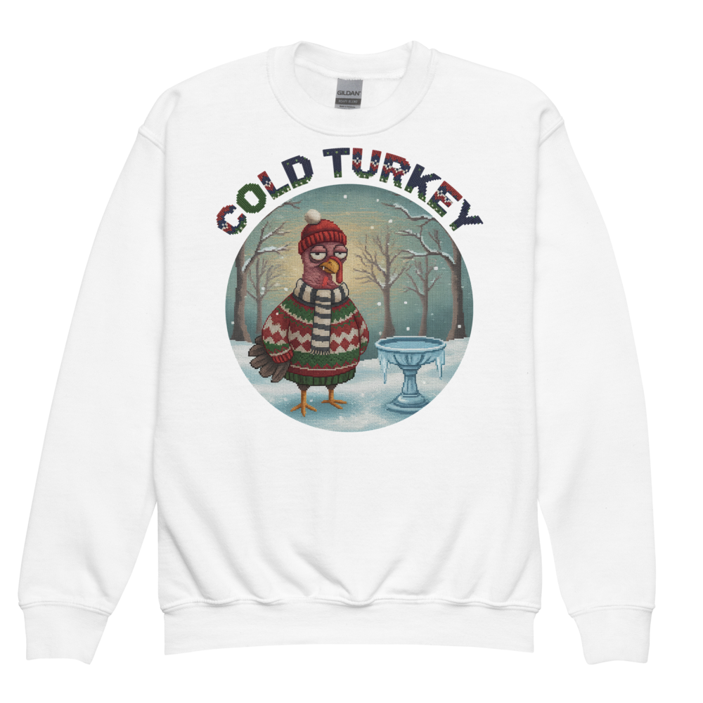 Cold Turkey Kids Ugly Christmas Sweater | Youth Crewneck Sweatshirt White flat