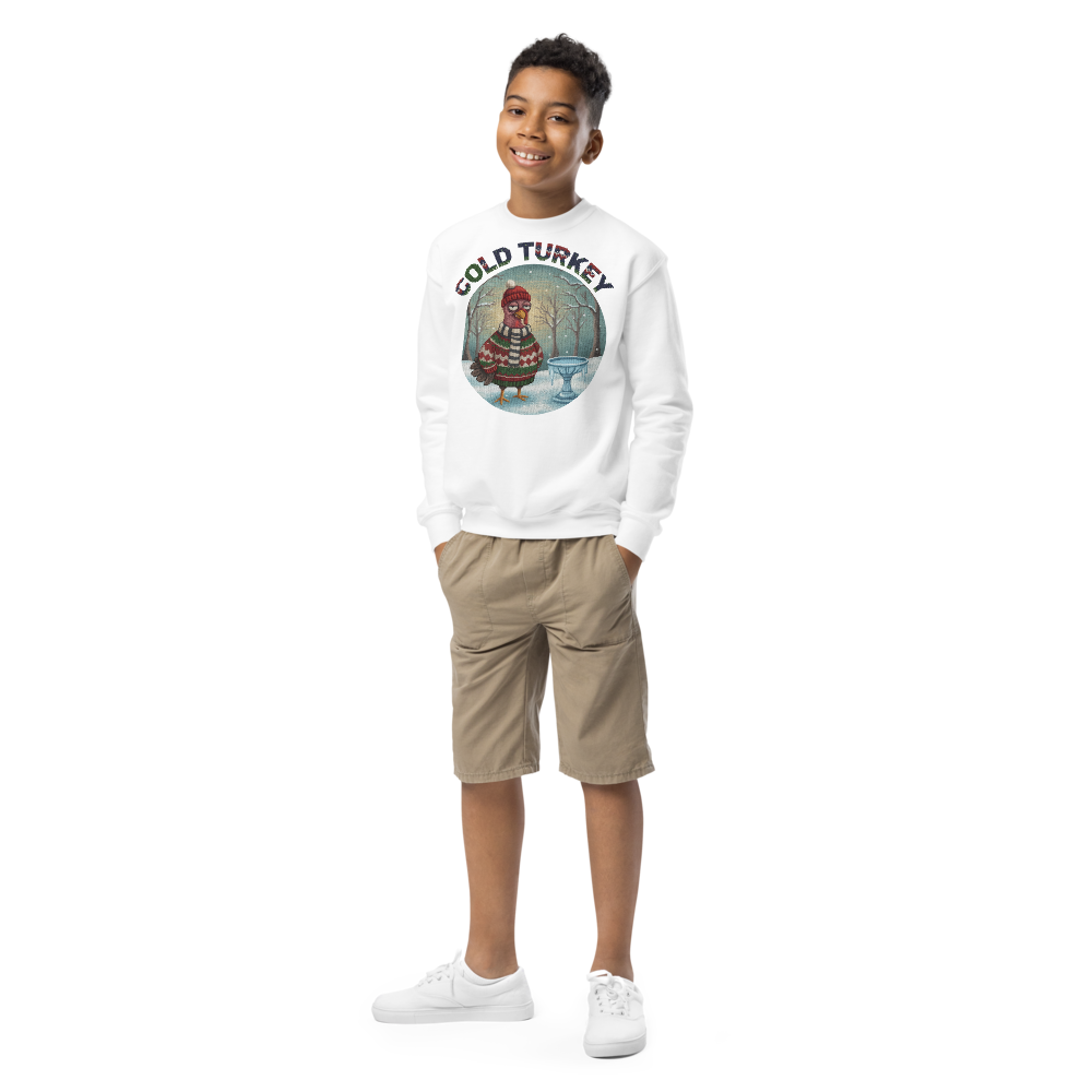 Cold Turkey Kids Ugly Christmas Sweater | Youth Crewneck Sweatshirt White on-model boy