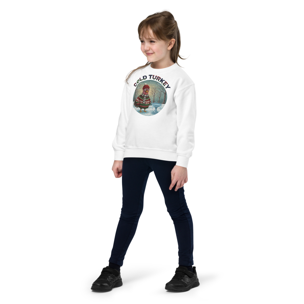 Cold Turkey Kids Ugly Christmas Sweater | Youth Crewneck Sweatshirt White on-model girl