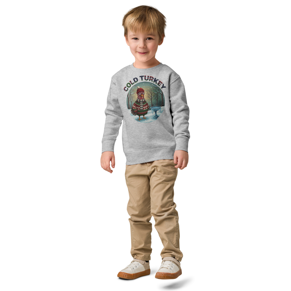 Cold Turkey Toddler Ugly Christmas Sweater | Kids Crewneck Sweatshirt, Ages 2 to 7 Heather on-model boy