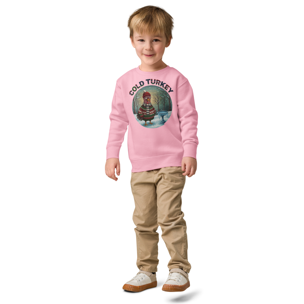 Cold Turkey Toddler Ugly Christmas Sweater | Kids Crewneck Sweatshirt, Ages 2 to 7 Pink on-model boy