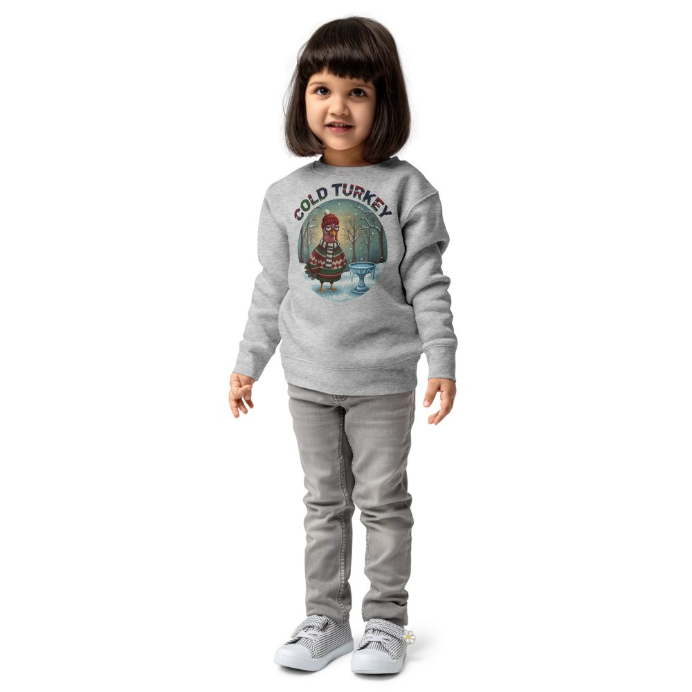 Cold Turkey Toddler Ugly Christmas Sweater | Kids Crewneck Sweatshirt, Ages 2 to 7 Heather on-model girl