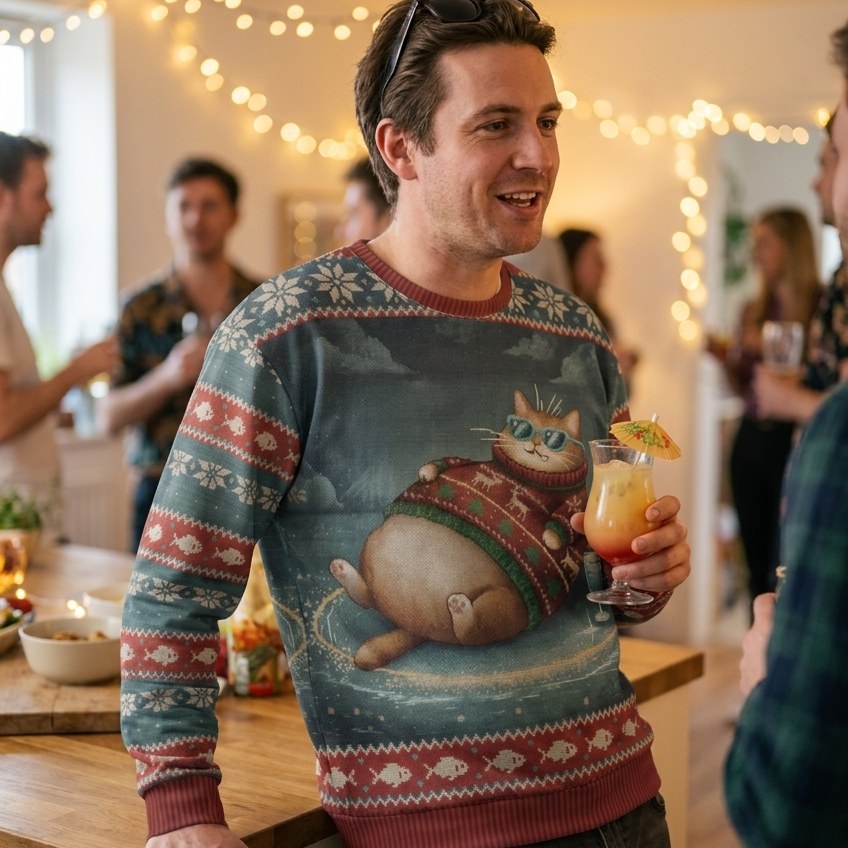 Styling photo, Cool Cat Ugly Christmas Sweater