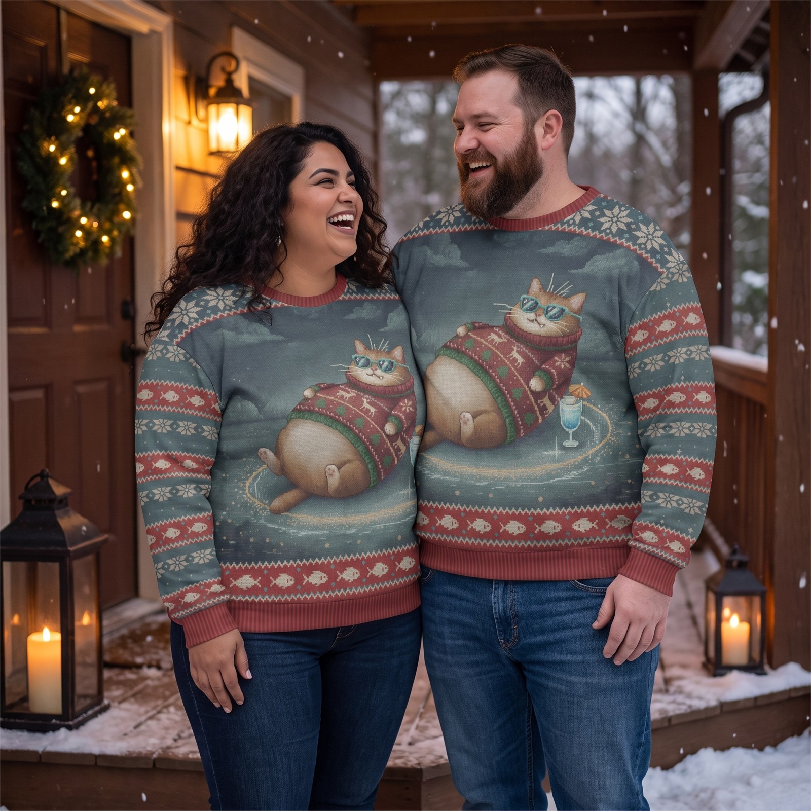 Plus size styling photo, Cool Cat Matching Ugly Christmas Sweaters for Couples