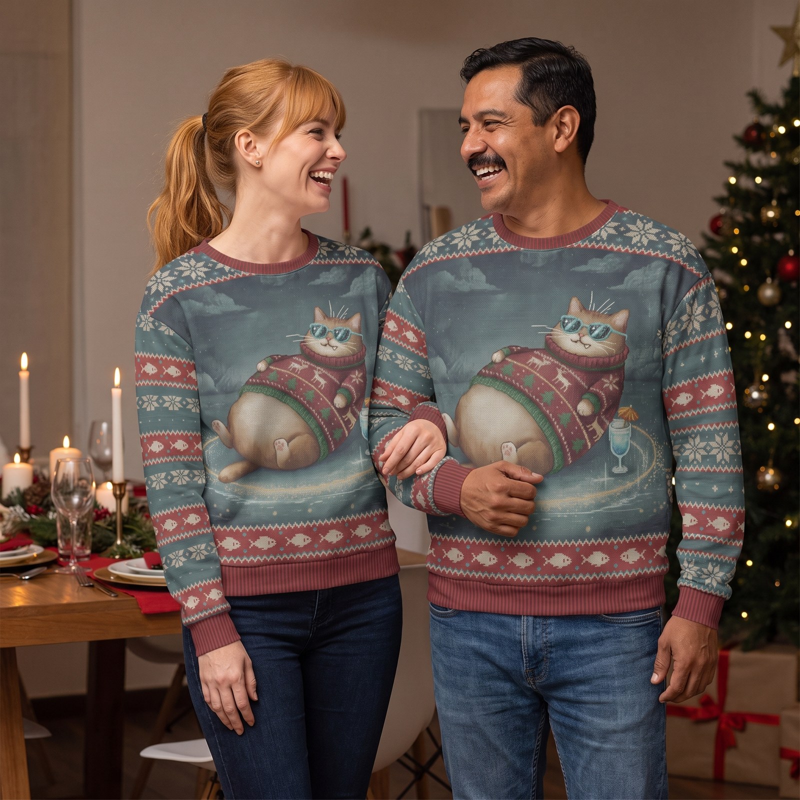 Styling photo, Cool Cat Matching Ugly Christmas Sweaters for Couples