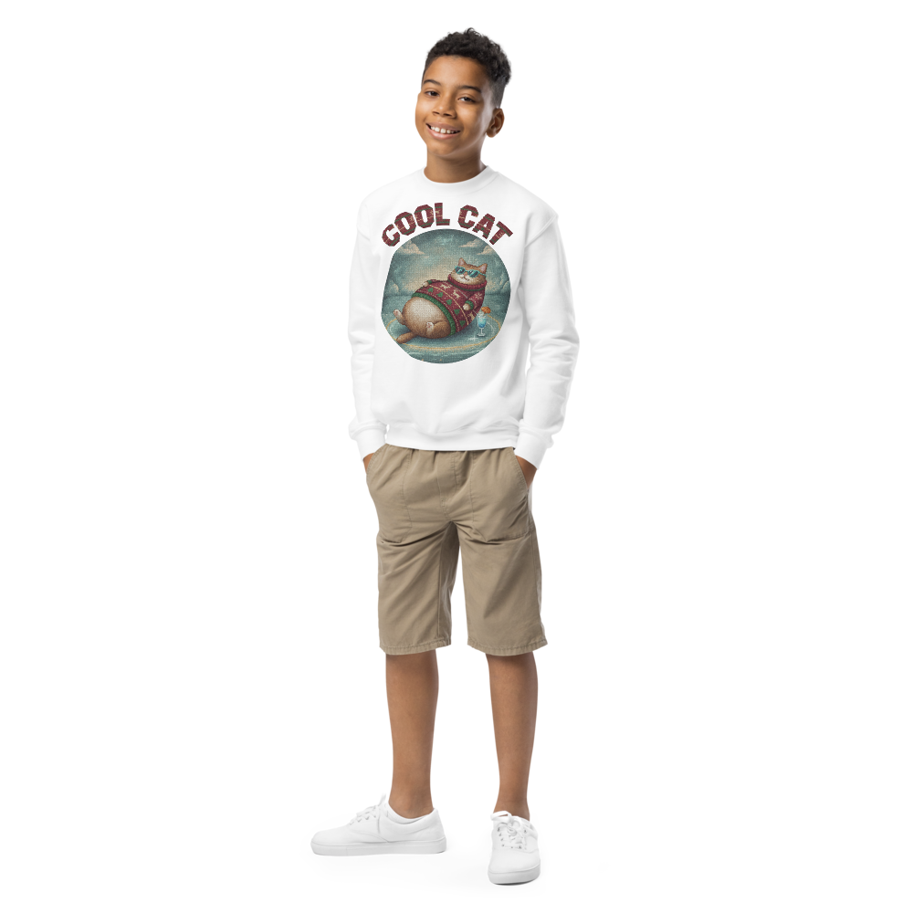 Cool Cat Kids Ugly Christmas Sweater | Youth Crewneck Sweatshirt White on-model boy