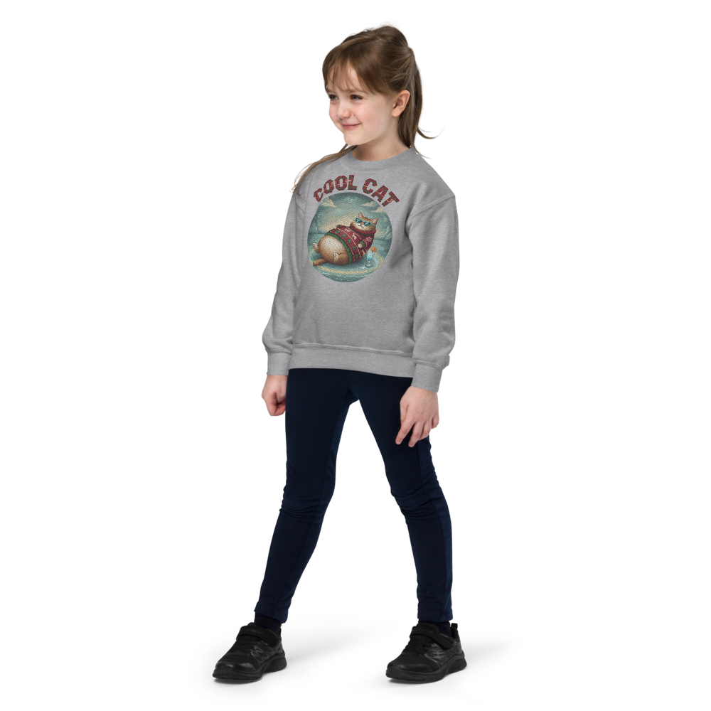 Cool Cat Kids Ugly Christmas Sweater | Youth Crewneck Sweatshirt Sport Grey on-model girl