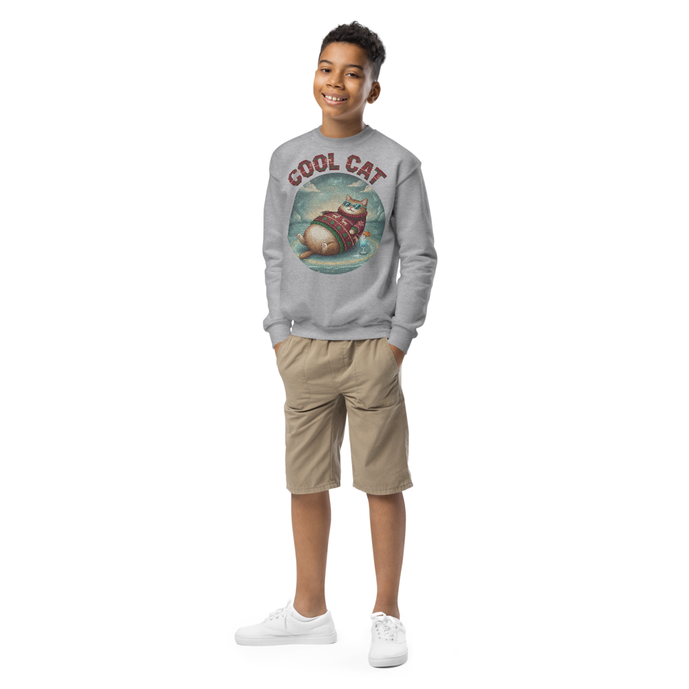Cool Cat Kids Ugly Christmas Sweater | Youth Crewneck Sweatshirt Sport Grey on-model boy