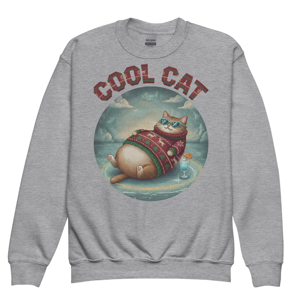 Cool Cat Kids Ugly Christmas Sweater | Youth Crewneck Sweatshirt Sport Grey flat