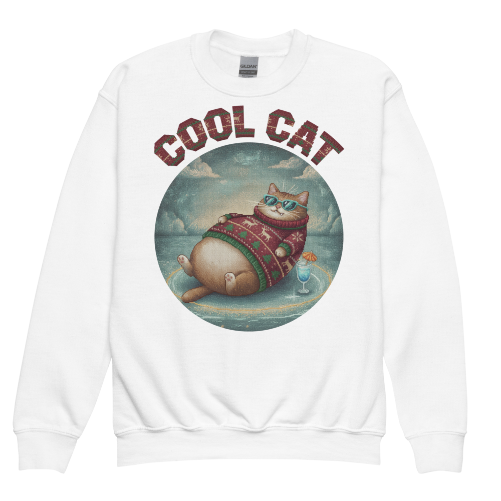 Cool Cat Kids Ugly Christmas Sweater | Youth Crewneck Sweatshirt White flat