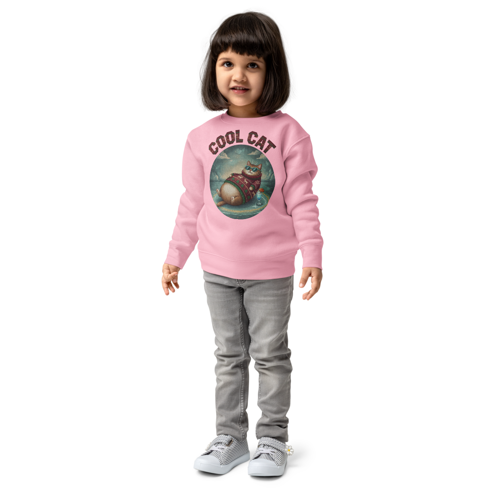Cool Cat Toddler Ugly Christmas Sweater | Kids Crewneck Sweatshirt, Ages 2 to 7 Pink on-model girl