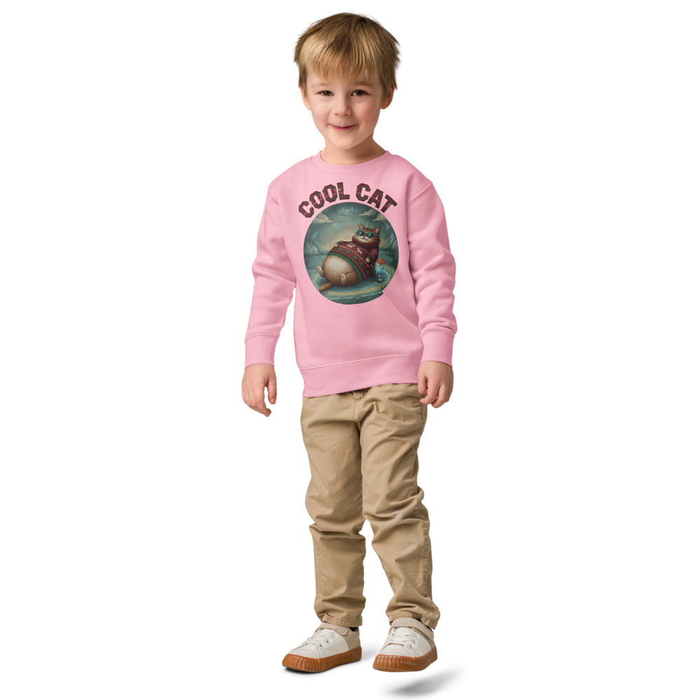 Cool Cat Toddler Ugly Christmas Sweater | Kids Crewneck Sweatshirt, Ages 2 to 7 Pink on-model boy