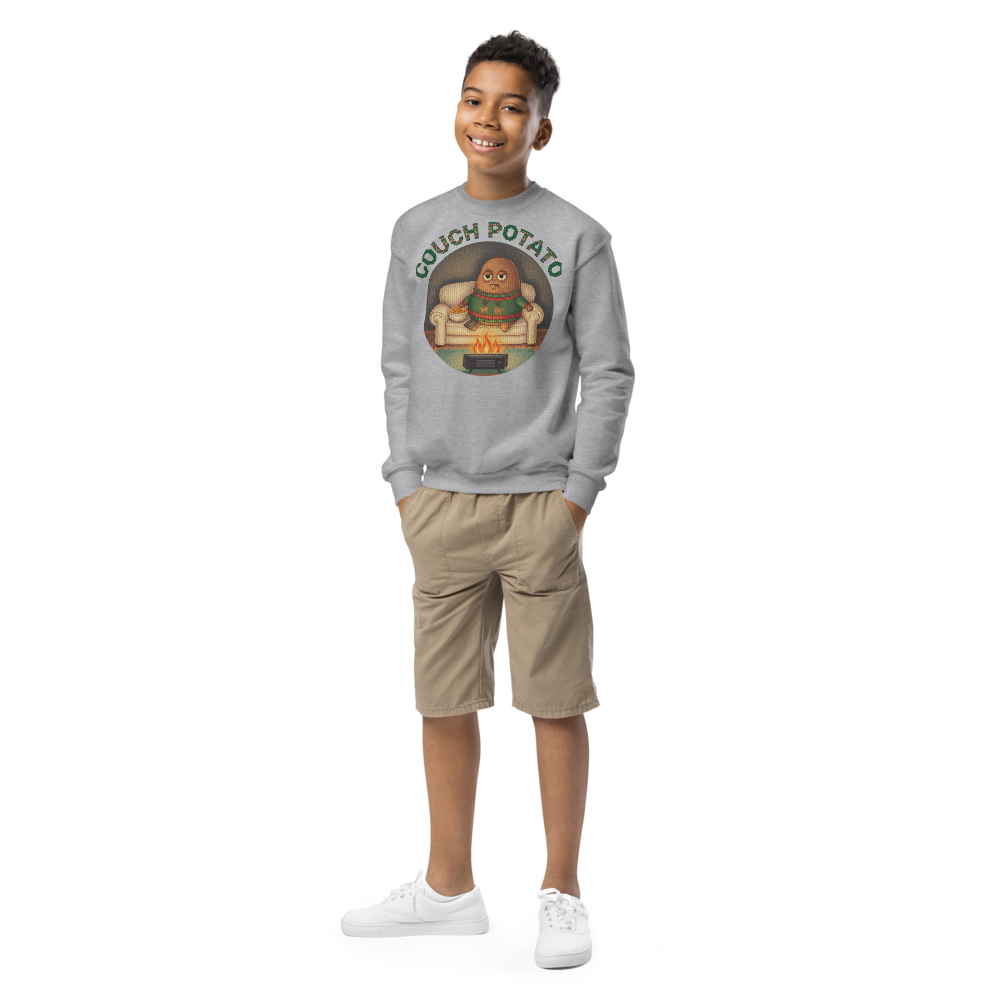 Couch Potato Kids Ugly Christmas Sweater | Youth Crewneck Sweatshirt Sport Grey on-model boy