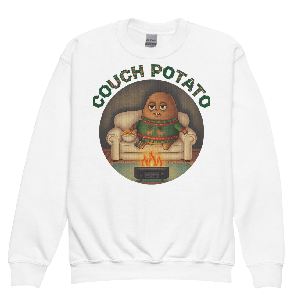 Couch Potato Kids Ugly Christmas Sweater | Youth Crewneck Sweatshirt White flat