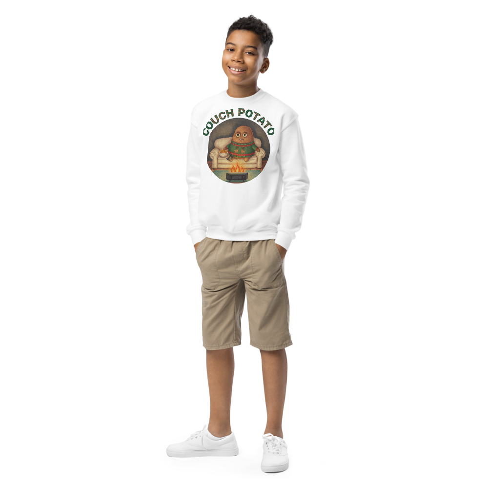 Couch Potato Kids Ugly Christmas Sweater | Youth Crewneck Sweatshirt White on-model boy