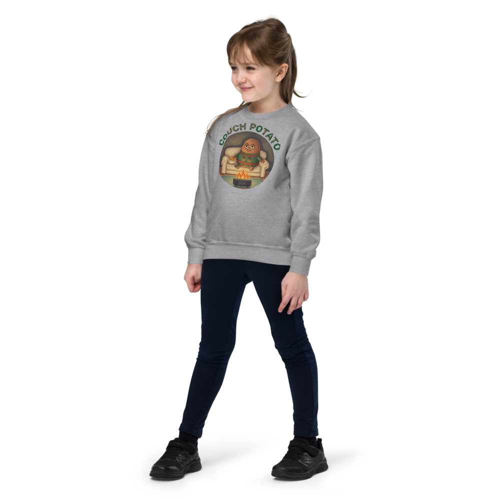 Couch Potato Kids Ugly Christmas Sweater | Youth Crewneck Sweatshirt Sport Grey on-model girl