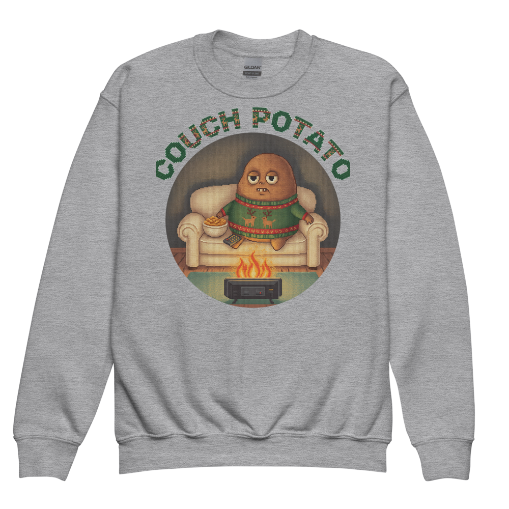 Couch Potato Kids Ugly Christmas Sweater | Youth Crewneck Sweatshirt Sport Grey flat
