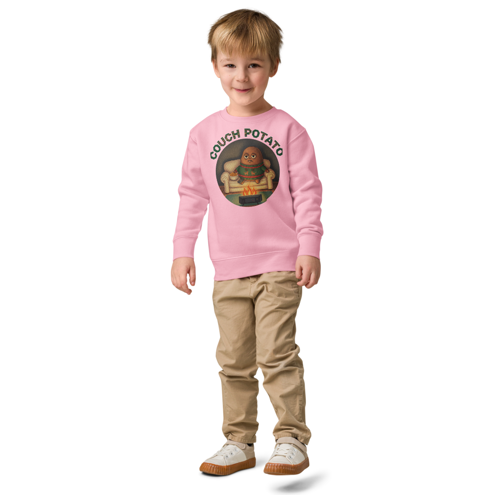 Couch Potato Toddler Ugly Christmas Sweater | Kids Crewneck Sweatshirt, Ages 2 to 7 Pink on-model boy