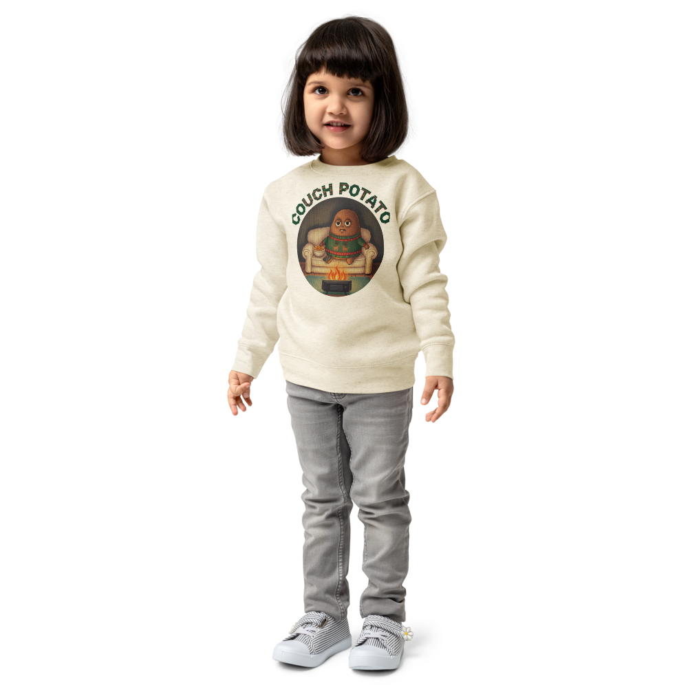 Couch Potato Toddler Ugly Christmas Sweater | Kids Crewneck Sweatshirt, Ages 2 to 7 Natural Heather on-model girl