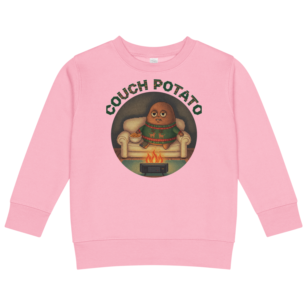 Couch Potato Toddler Ugly Christmas Sweater | Kids Crewneck Sweatshirt, Ages 2 to 7 Pink flat