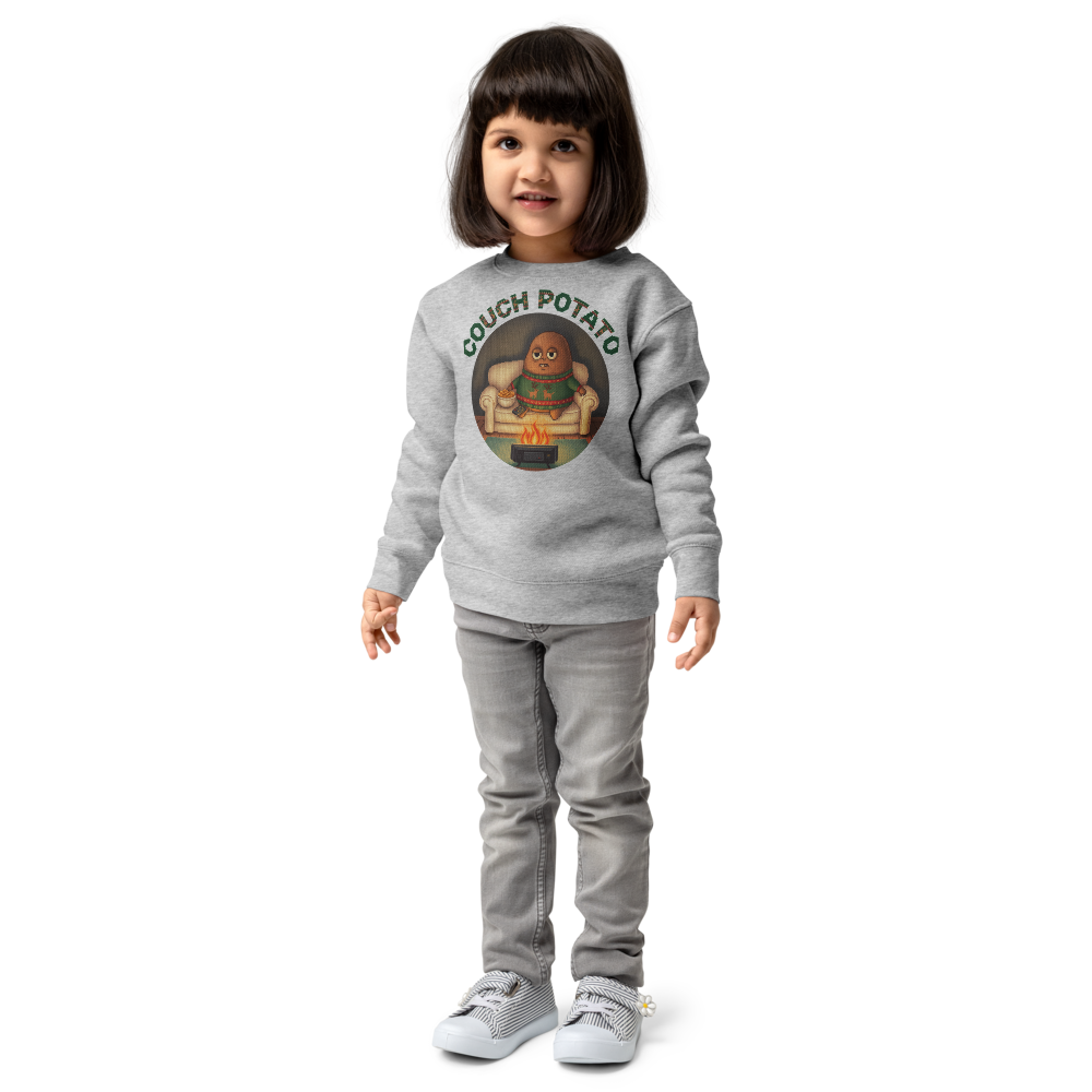 Couch Potato Toddler Ugly Christmas Sweater | Kids Crewneck Sweatshirt, Ages 2 to 7 Heather on-model girl