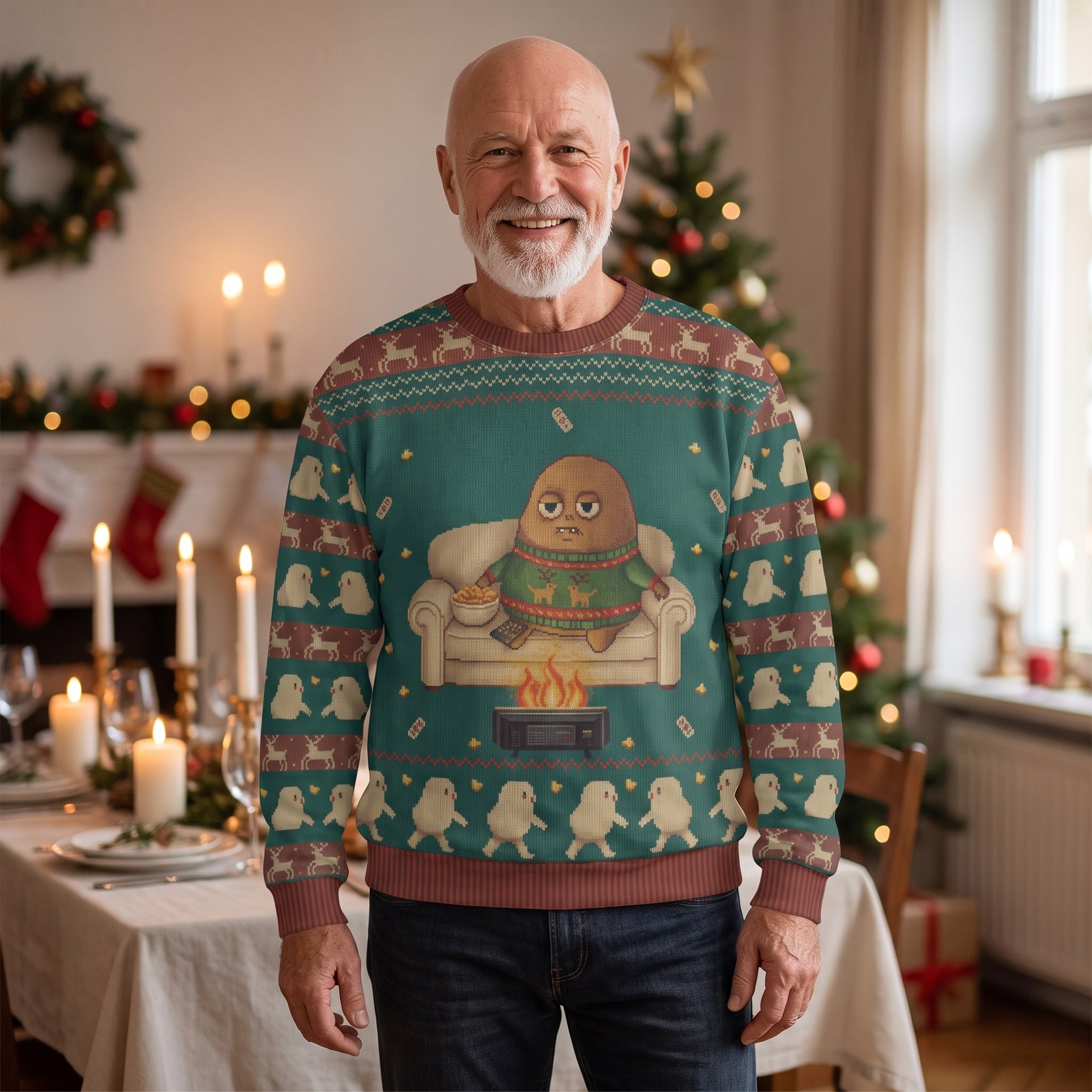 Styling photo, Couch Potato Ugly Christmas Sweater