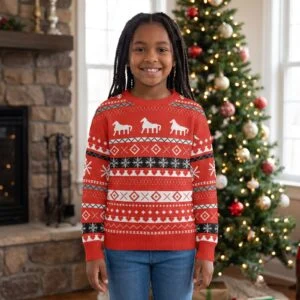 Dala Horse kids ugly Christmas sweater, knit jacquard crewneck worn by a smiling girl by the Christmas tree