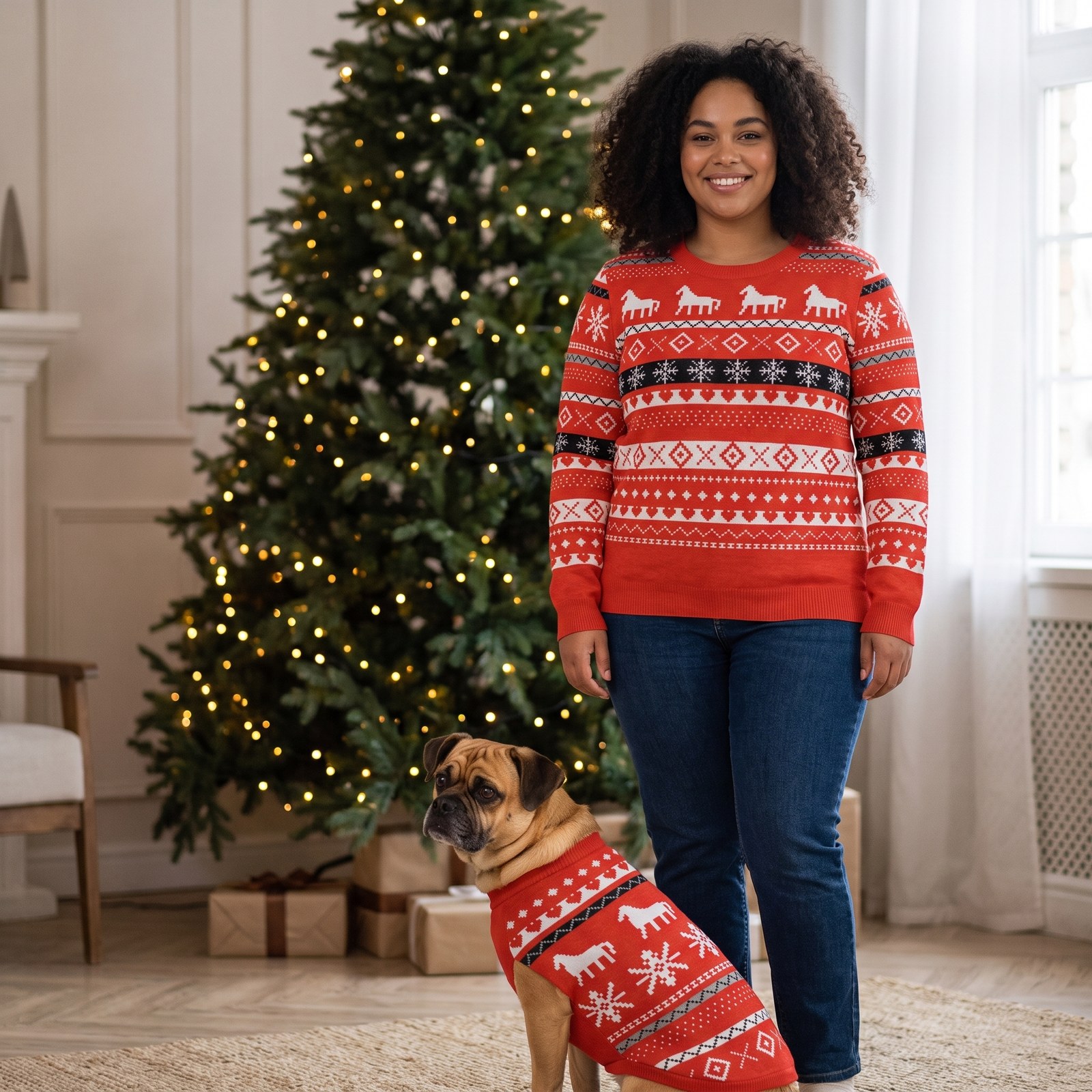 Plus size styling photo, Dala Horse Matching Christmas Sweaters for Dog and Owner