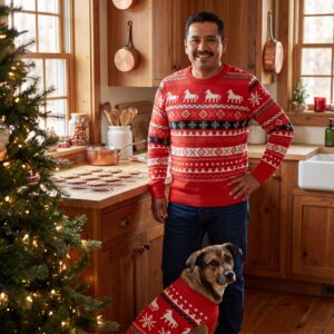 Styling photo, Dala Horse Matching Christmas Sweaters for Dog and Owner