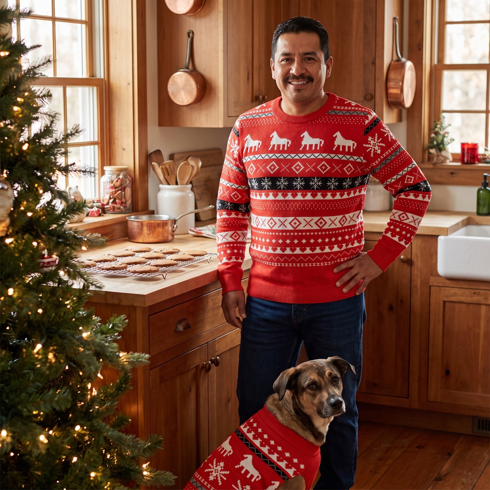 Styling photo, Dala Horse Matching Christmas Sweaters for Dog and Owner
