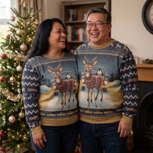 Plus size styling photo, Deer in Headlights Matching Ugly Christmas Sweaters for Couples