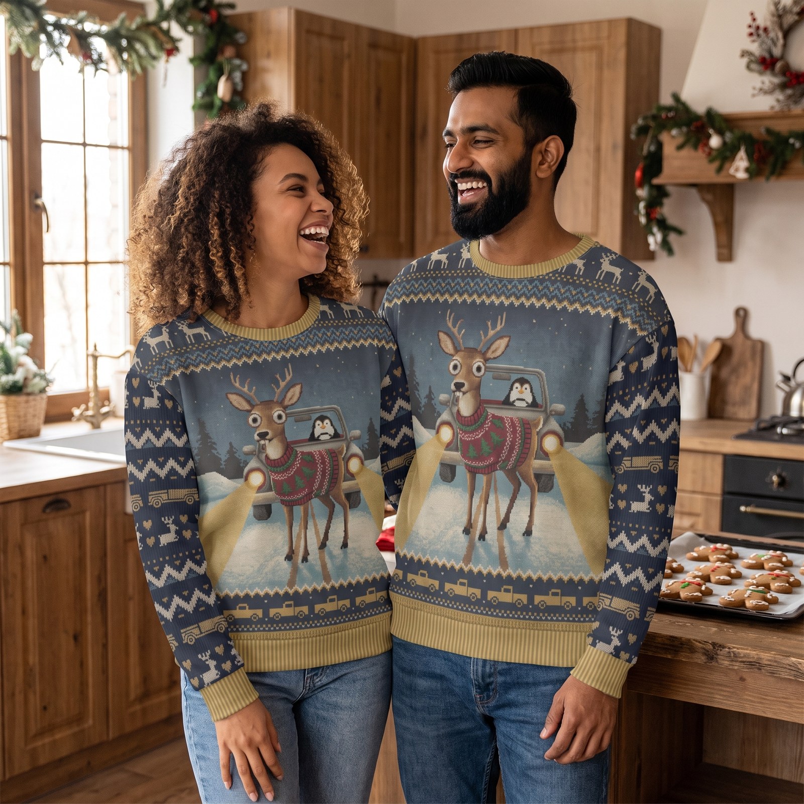 Styling photo, Deer in Headlights Matching Ugly Christmas Sweaters for Couples
