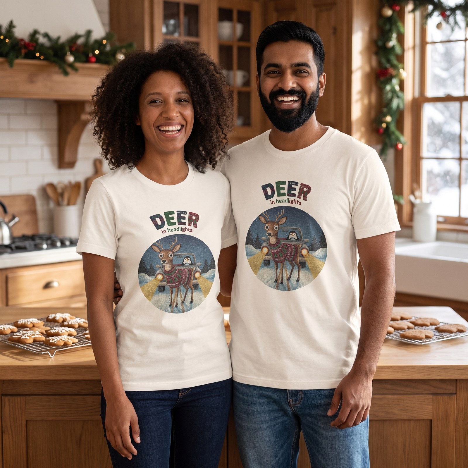 Styling photo, Deer in Headlights Matching Christmas Shirts for Couples