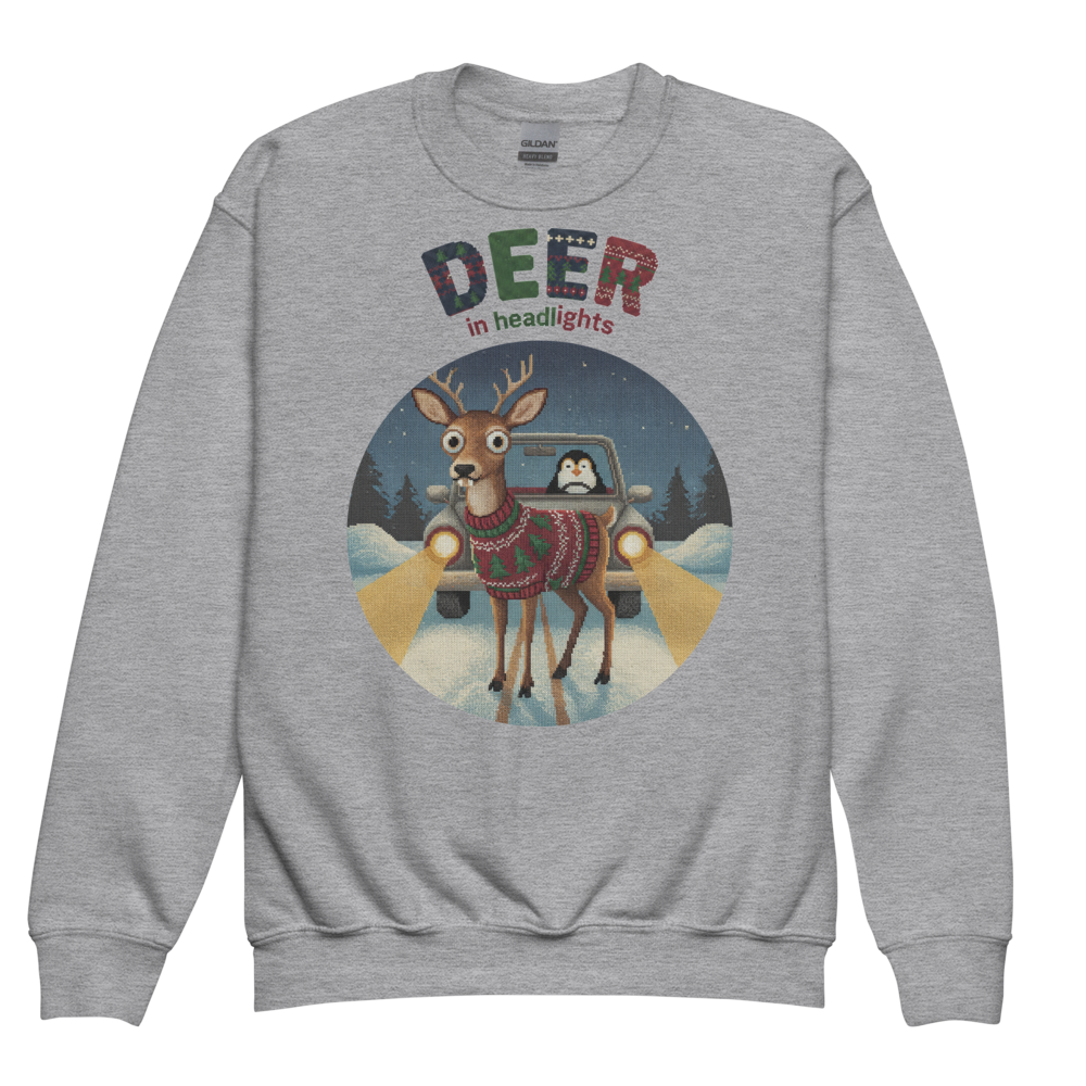 Deer in Headlights Kids Ugly Christmas Sweater | Youth Crewneck Sweatshirt Sport Grey flat