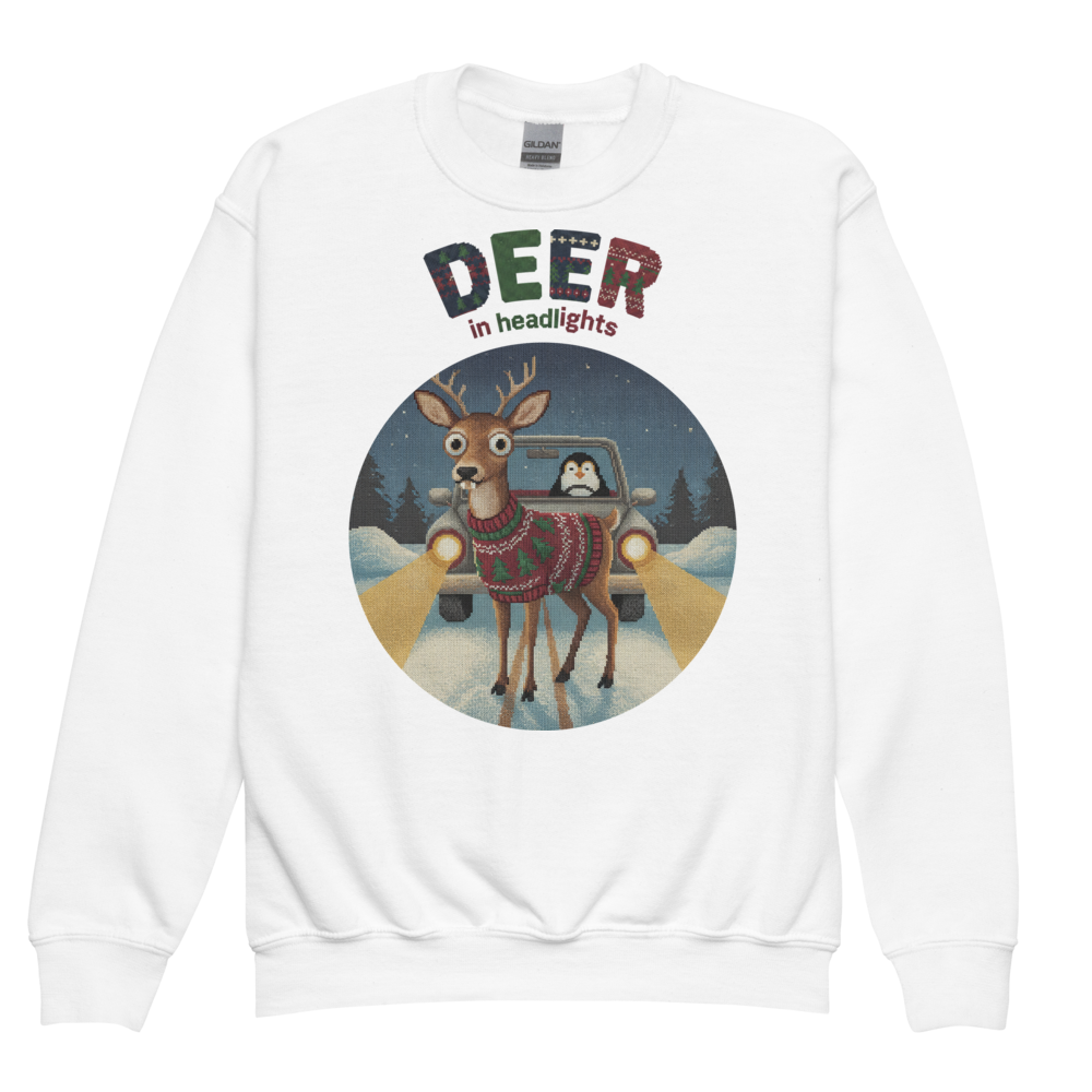 Deer in Headlights Kids Ugly Christmas Sweater | Youth Crewneck Sweatshirt White flat
