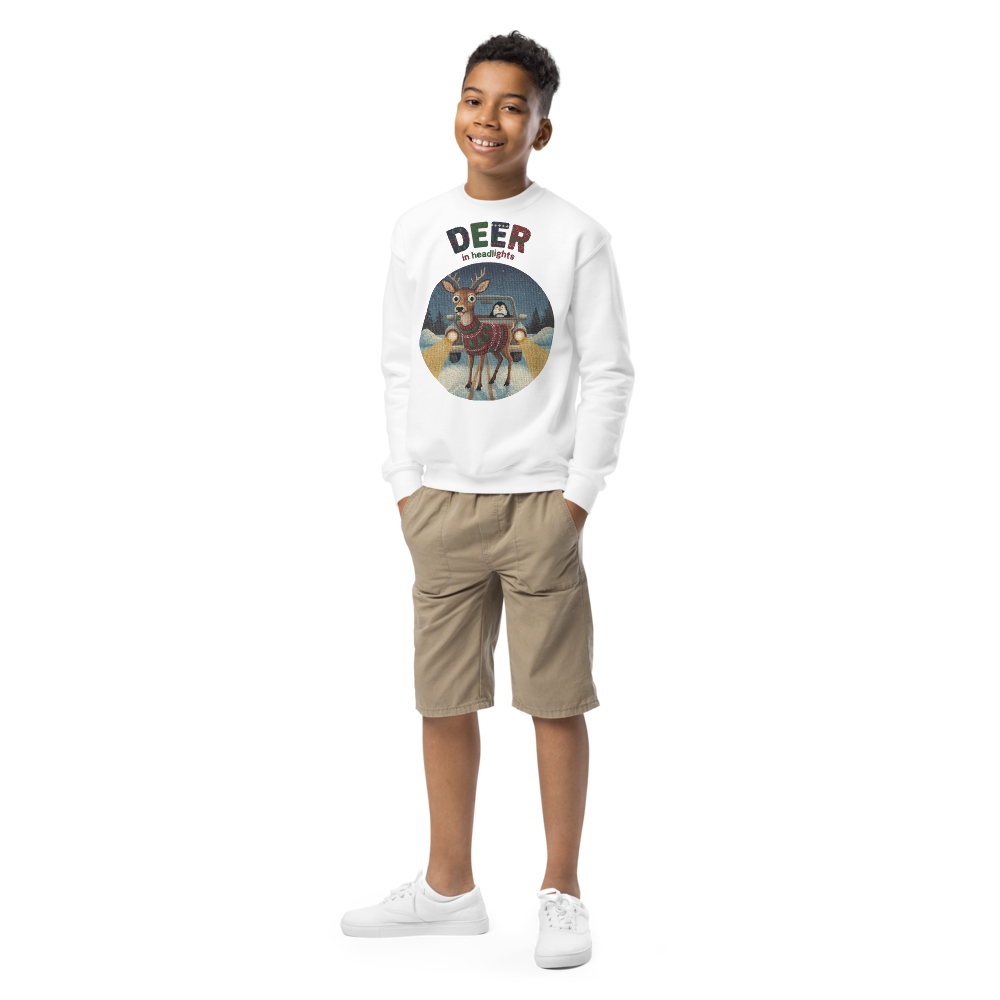 Deer in Headlights Kids Ugly Christmas Sweater | Youth Crewneck Sweatshirt White on-model boy
