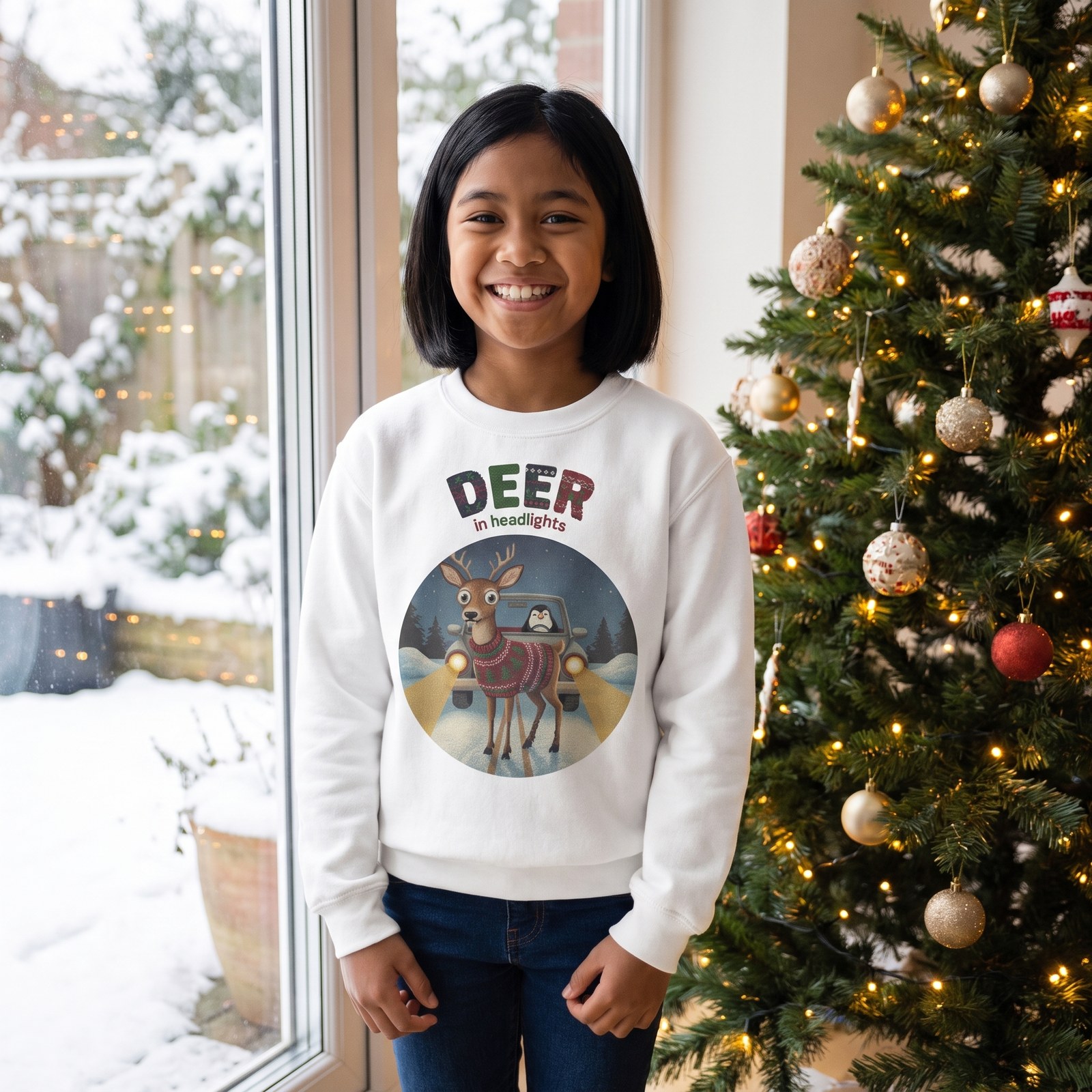 Styling photo, Deer in Headlights Kids Ugly Christmas Sweater