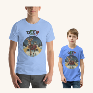 Deer in Headlights matching parent and child Christmas set, adult and child versions side by side