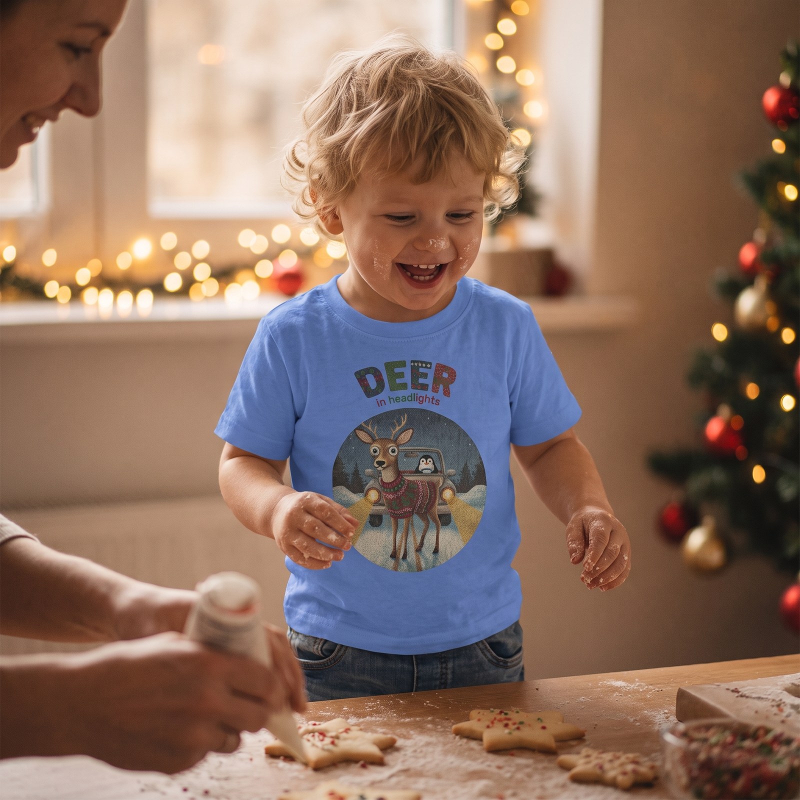 Styling photo, Deer in Headlights Toddler Ugly Christmas Shirt