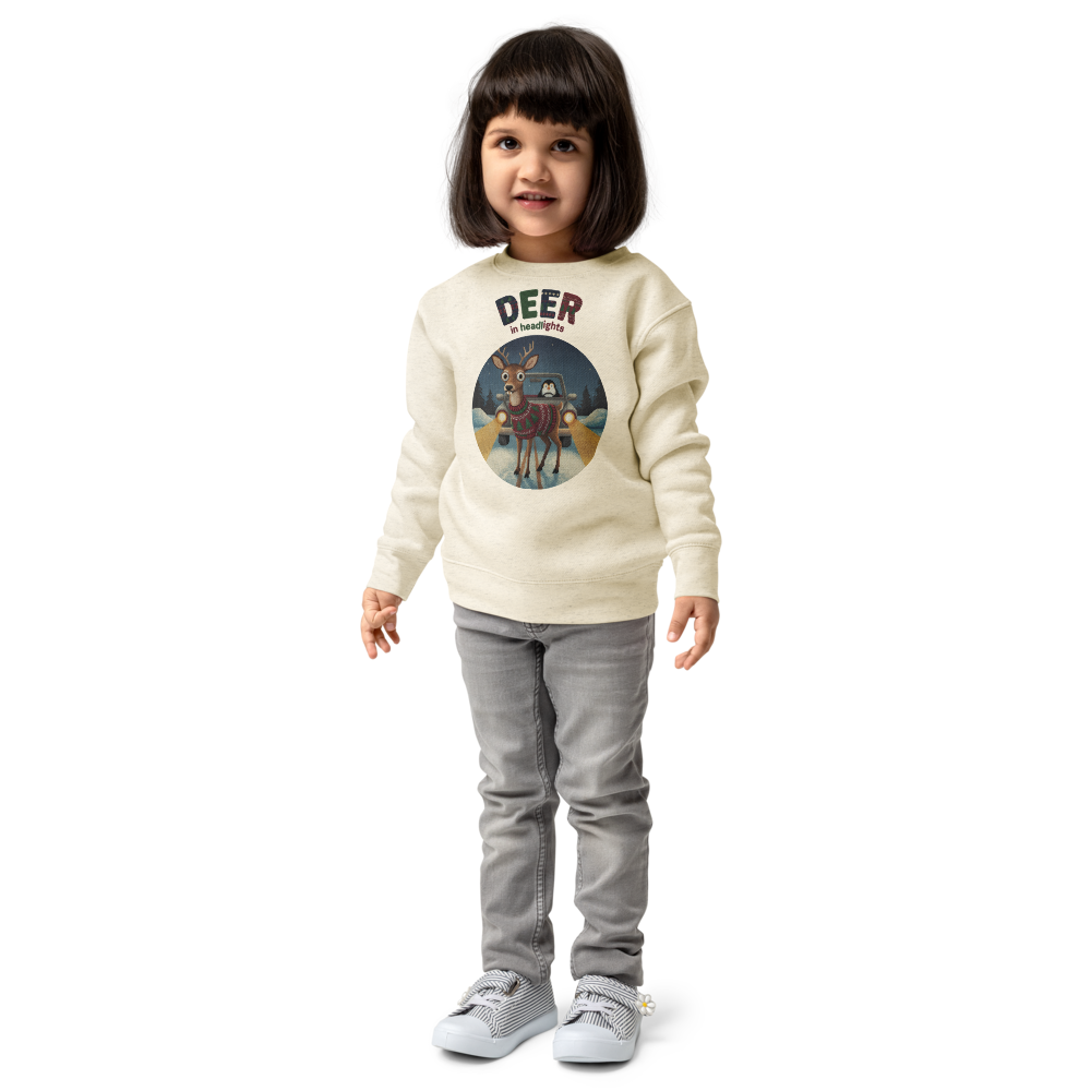 Deer in Headlights Toddler Ugly Christmas Sweater | Kids Crewneck Sweatshirt, Ages 2 to 7 Natural Heather on-model girl